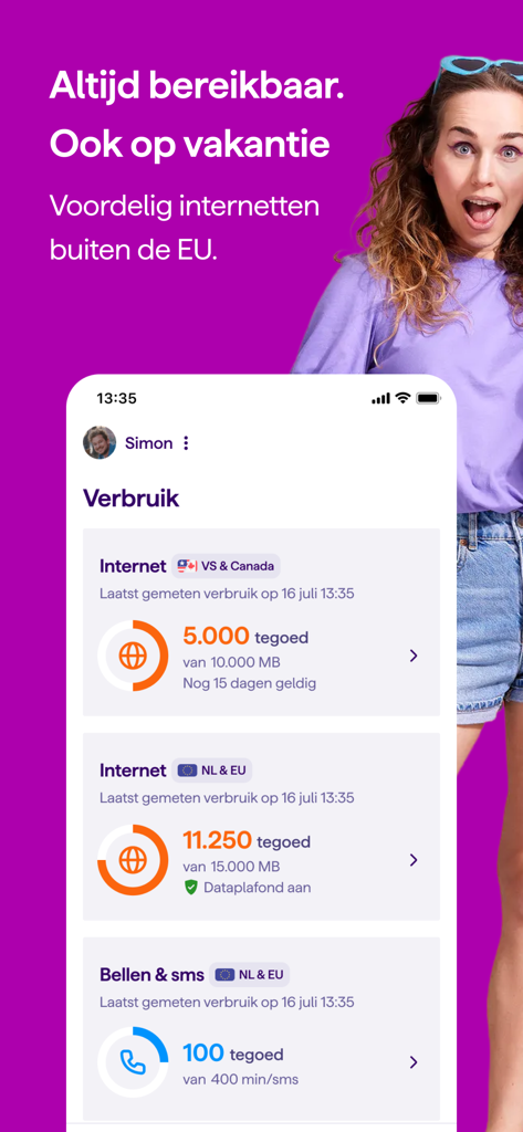 Panel de la app Mi Simyo mostrando el uso de datos y llamadas internacionales