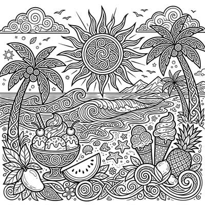 Unwind with a unique blend of ancient art and modern relaxation on this summer-themed coloring page. Discover intricate Celtic spirals woven into a vibrant beach scene, complete with sunny motifs and delightful treats.