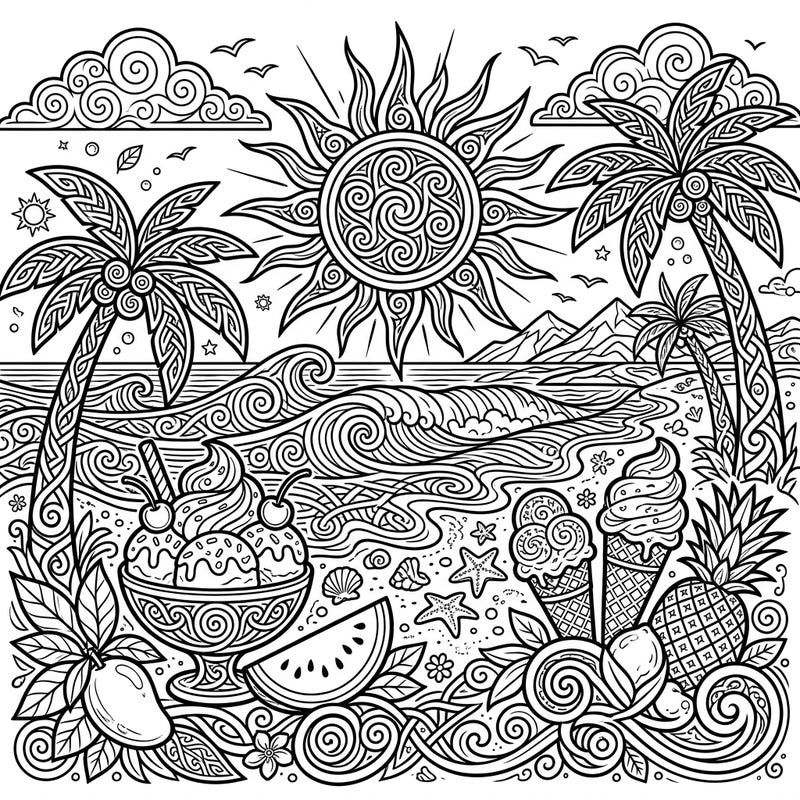 Unwind with a unique blend of ancient art and modern relaxation on this summer-themed coloring page. Discover intricate Celtic spirals woven into a vibrant beach scene, complete with sunny motifs and delightful treats.