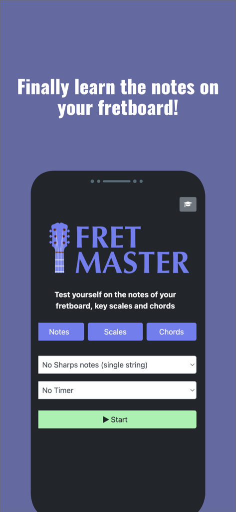 Fret Master - Menu principale dell'app Fret Master che mostra opzioni per testarsi su note, scale e accordi della chitarra