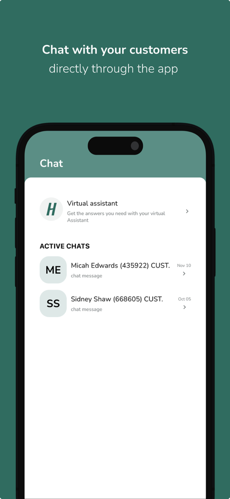 Pantalla de chat de la aplicación Helpling Partner que muestra conversaciones activas con clientes y una opción de asistente virtual