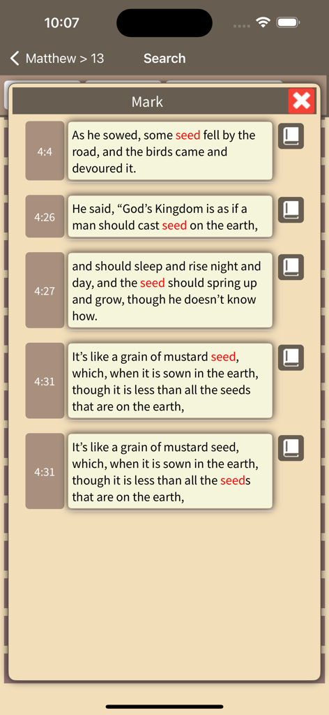Seed Bible English Japanese - Search results for the word seed in the book of Mark showing multiple verses with highlighted text in the Seed Bible app