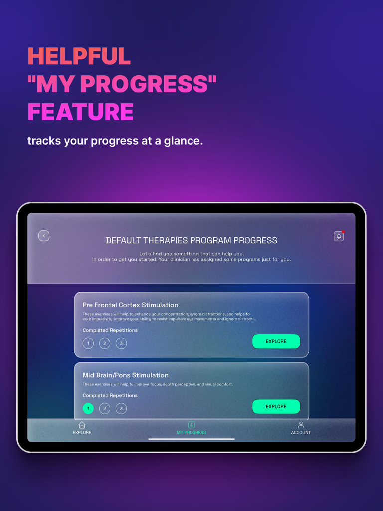 Neuromorfix - Neuromorfix iPad app screen showing the My Progress feature with neurological therapy exercises for brain stimulation