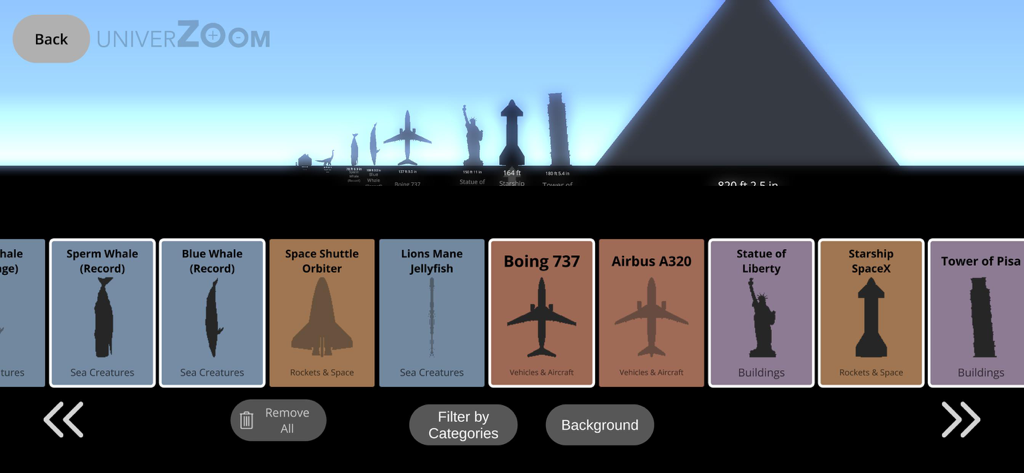 Univerzoom 2D Size Comparison - Interfaz de la aplicación Univerzoom 2D que muestra comparaciones de tamaño de siluetas de animales, vehículos y monumentos famosos