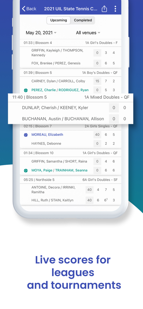 IONSport (iOnCourt) - iOnCourt app screen displaying live scores for various tennis tournament matches