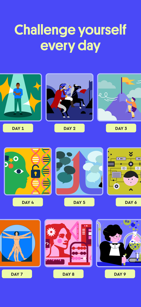 Una cuadrícula de nueve iconos ilustrados y coloridos que representan desafíos de aprendizaje diarios del Día 1 al Día 9 en la aplicación Loomi.