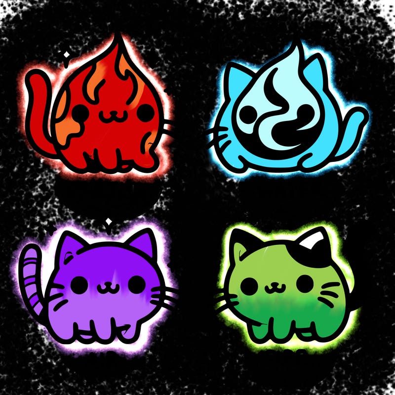 4 cats that represent the different elements, earth, water, air, and fire