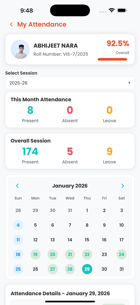 Attendance tracker screen showing monthly presence and overall session statistics