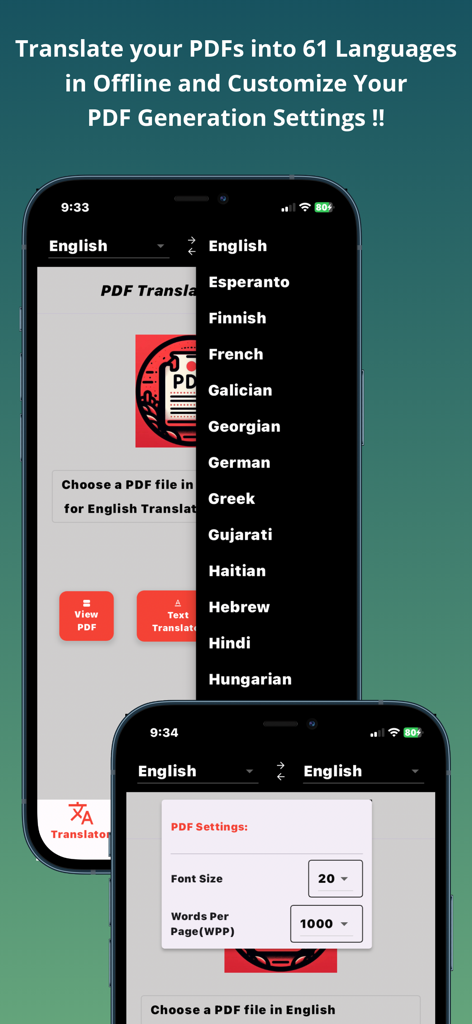 PDF Language Translator - Interface showing language selection dropdown and PDF generation settings for offline translation
