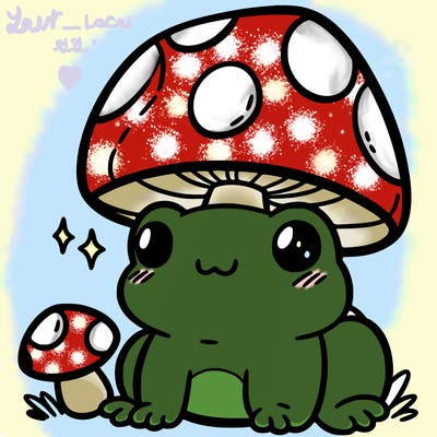 a cute frog with a mushroom hat