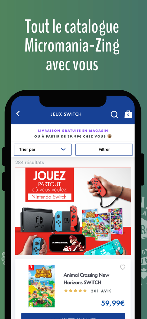 Micromania - Micromania mobile app displaying Nintendo Switch games and Animal Crossing New Horizons product listing.