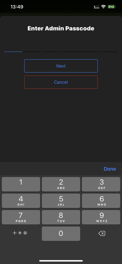 Tela de entrada do código de acesso do administrador do aplicativo EASY POS para gerenciamento seguro de funcionários e proteção de dados