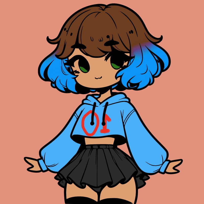 cute femboy with short, fluffy hair that softly frames their face, wearing a cropped hoodie, paired with a flouncy short skirt, and thigh-high stockings
