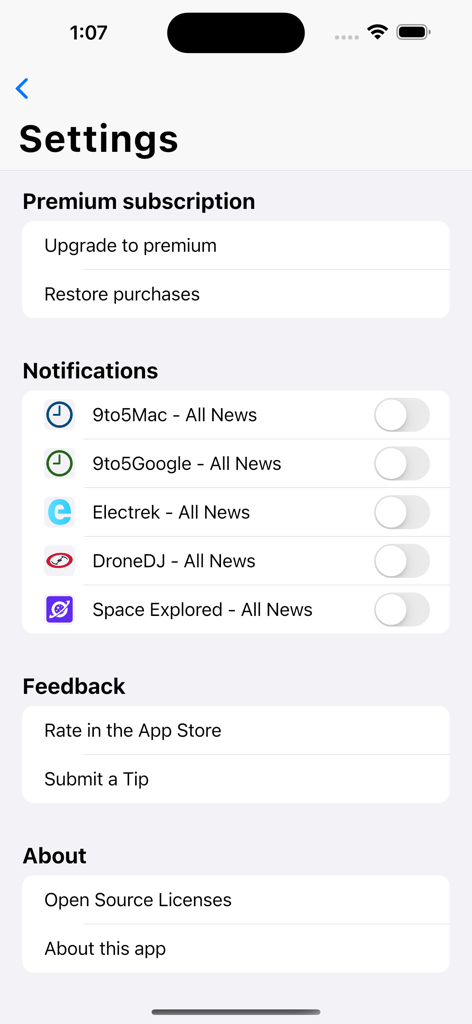Pantalla de configuración de 9to5Mac que muestra los interruptores de notificación y las opciones de suscripción premium.