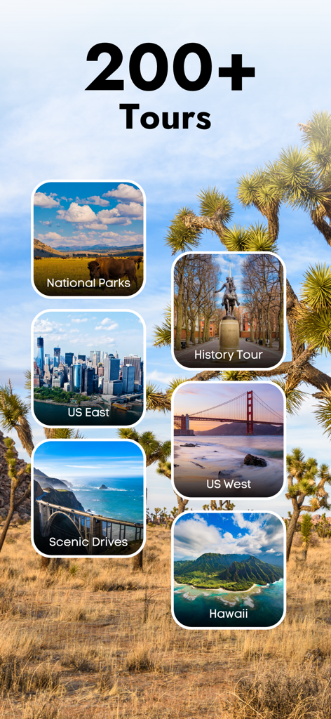 Joshua Tree Audio Tour Guide - Joshua Tree Audio Tour app screen showing over 200 tour options including National Parks History Tours and Scenic Drives