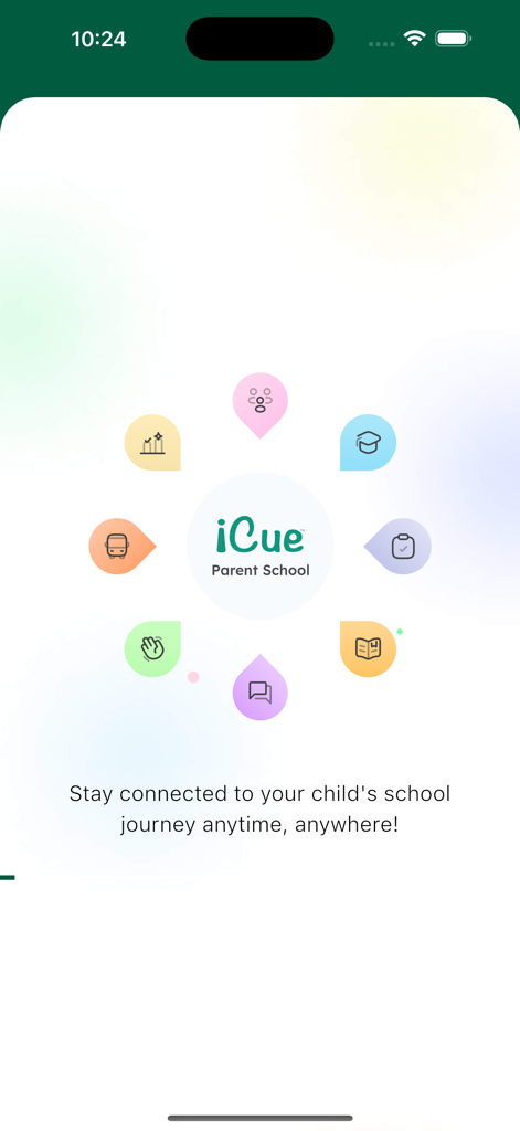 iCue Parent - Pantalla de bienvenida de la aplicación iCue Parent destacando las funciones de gestión escolar y conectividad en tiempo real