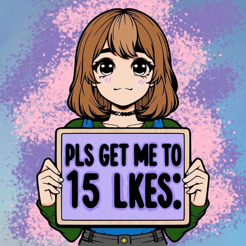 realistic girl holding up a sign that says “pls get me to 15 likes!”
