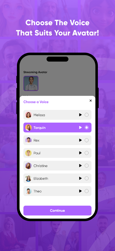 AI Avatar - Face Art Generator - Interface for choosing different AI voices for a talking avatar in the app