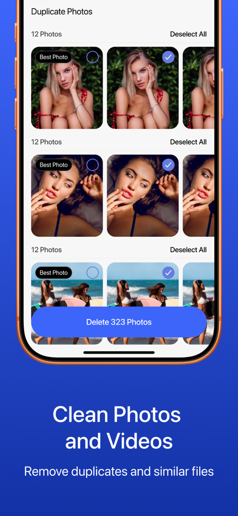 Interface de smartphone mostrando o aplicativo SafeClean identificando fotos duplicadas para exclusão para economizar espaço de armazenamento