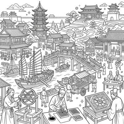 Immerse yourself in the rich history and vibrant culture of the Song Dynasty with this intricately detailed full scene coloring page. Explore bustling markets, ancient architecture, and scholarly pursuits as you bring this historical era to life with your colors.