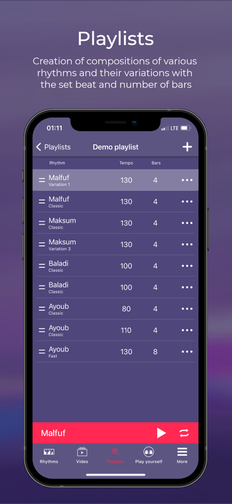 Darbuka Rhythms - テンポとバーの設定が付いたダルブカドラムリズムのプレイリストが表示されているモバイルアプリ画面。