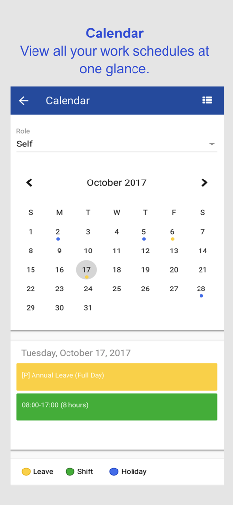 BIPO HRMS - BIPO HRMS mobile app calendar interface showing work schedules, shifts, and leave status.