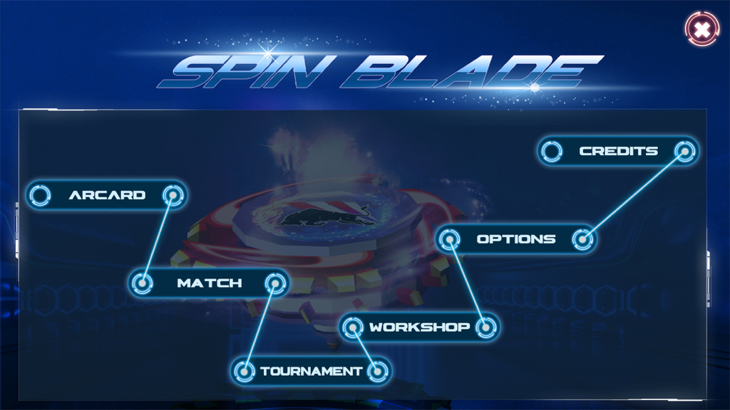 Beyblade : Spin Blade 1 - Main menu of the Spin Blade 1 game displaying options for Arcade Match and Tournament modes