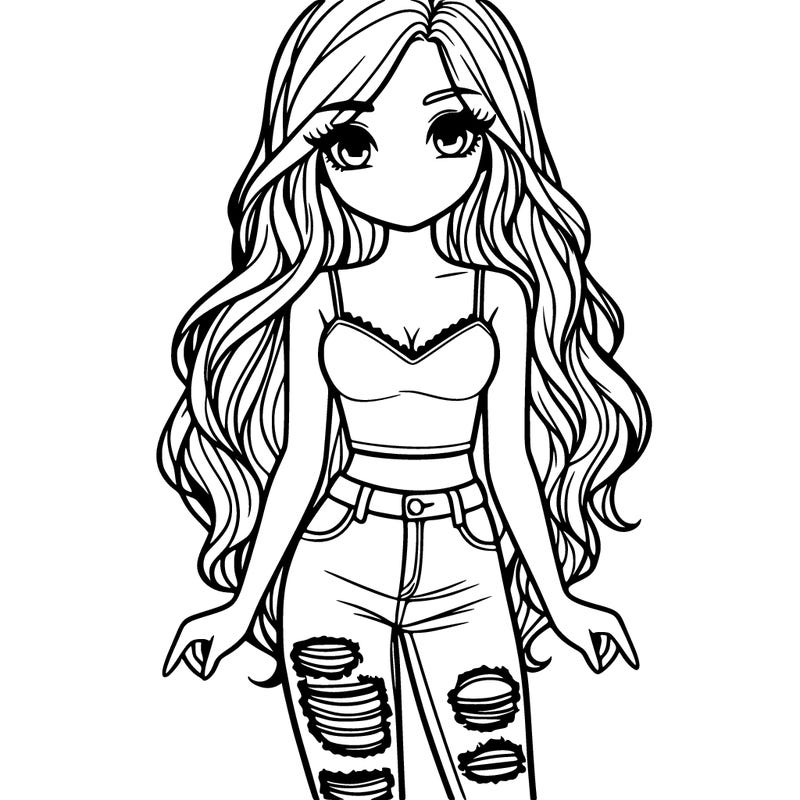 person with beautiful long hair and tank top with ripped jeans