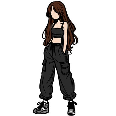 girl in baggy pants crop top and long hair