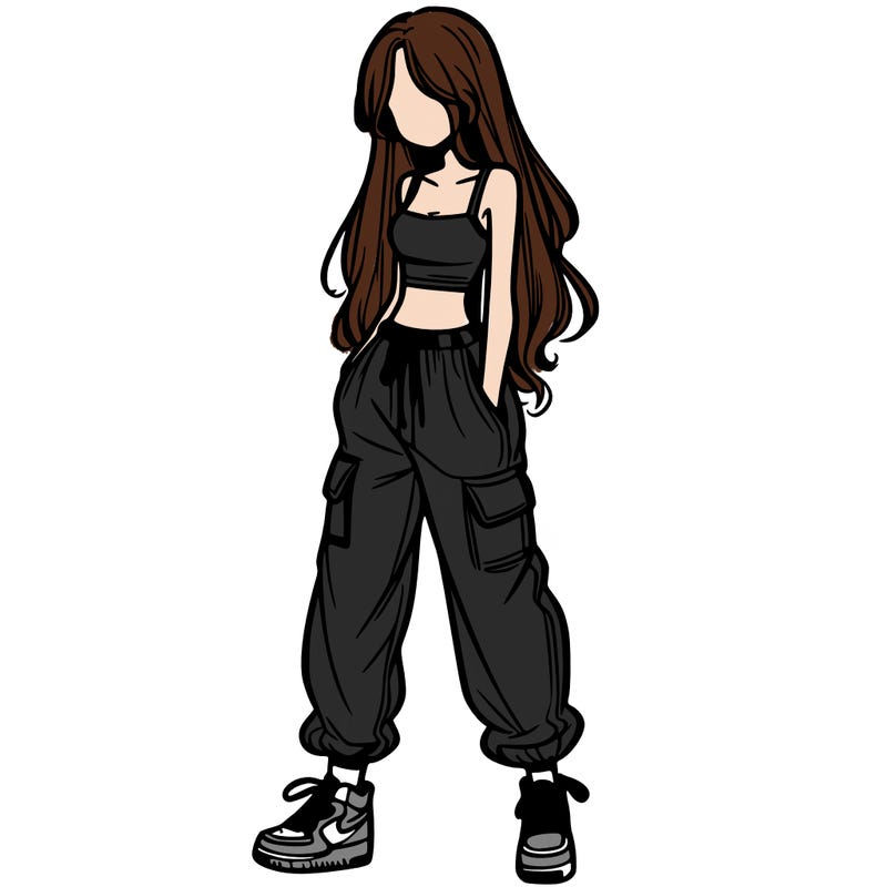 girl in baggy pants crop top and long hair