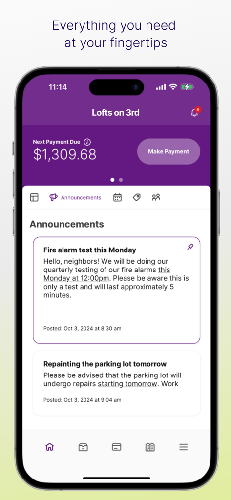 Resident Portal Mobile - Dashboard of the Resident Portal Mobile app showing a rent payment balance and apartment community announcements.