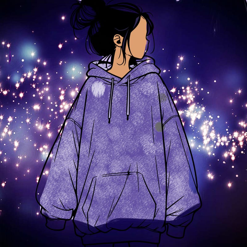 realistic girl with a oversized sweatshirt on and a bun
