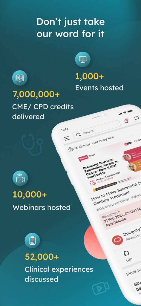 Docquity - Docquity app screen showing statistics for CME credits delivered webinars hosted and medical case discussions