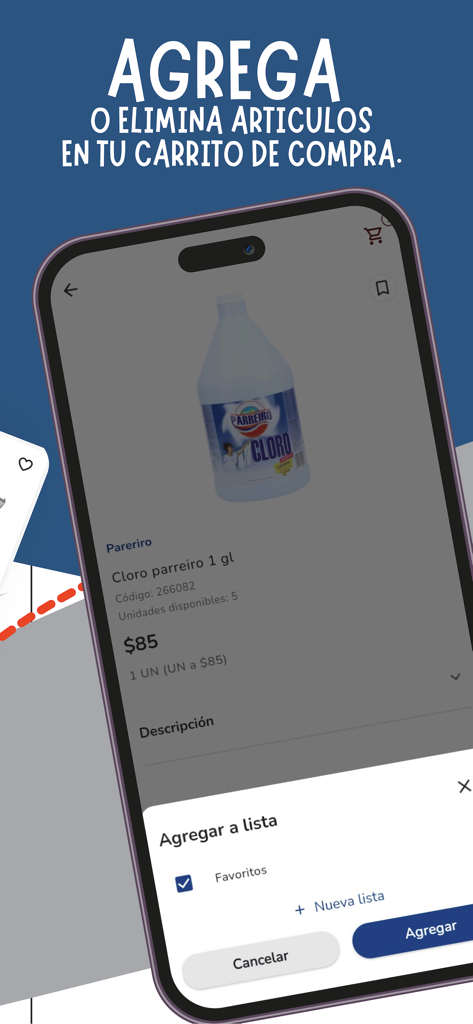 Garrido Ta - Garrido Ta mobile app interface showing a product detail for bleach with options to add to a favorites list or the shopping cart.