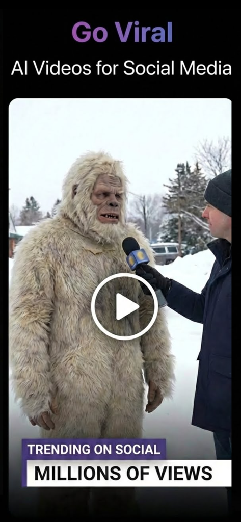 AI Video Generator Video AI - Ein KI-generiertes Video eines Reporters, der Bigfoot im Schnee interviewt, für virale Social-Media-Inhalte.
