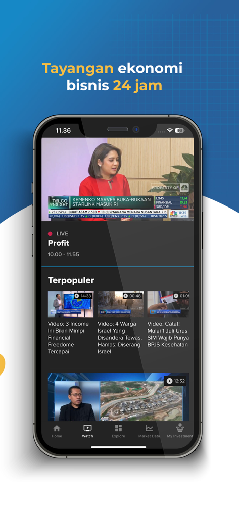 CNBC Indonesia - Market News - CNBC Indonesia mobile app screen showing a live business news broadcast and popular video clips.