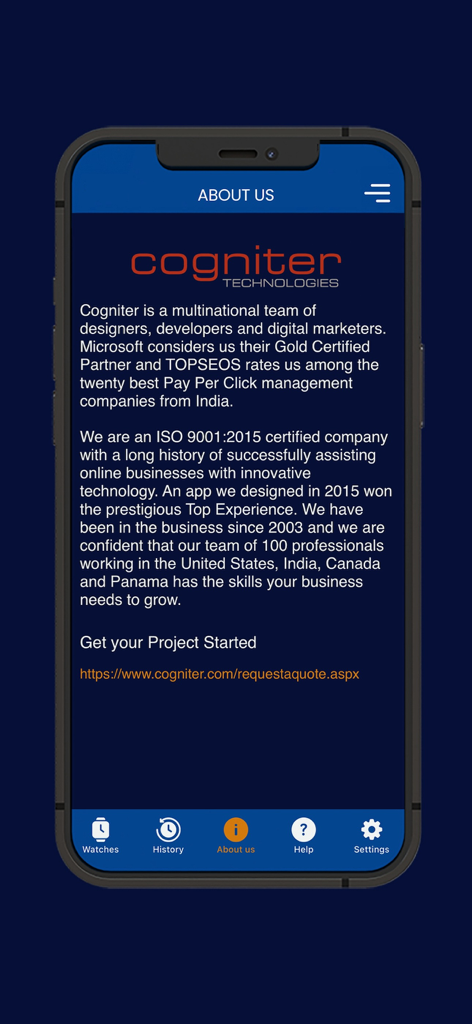 Watch Accuracy Checker - Die 'Über uns'-Seite der Watch Accuracy Checker App mit Informationen über den Entwickler Cogniter Technologies