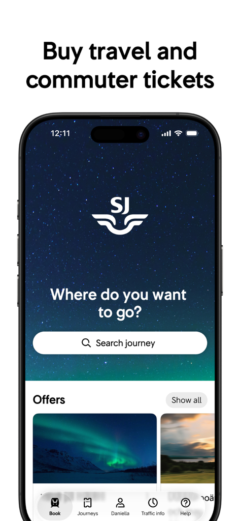Pantalla de inicio de la aplicación SJ para reservar billetes de tren en Suecia con una barra de búsqueda y ofertas de viaje.