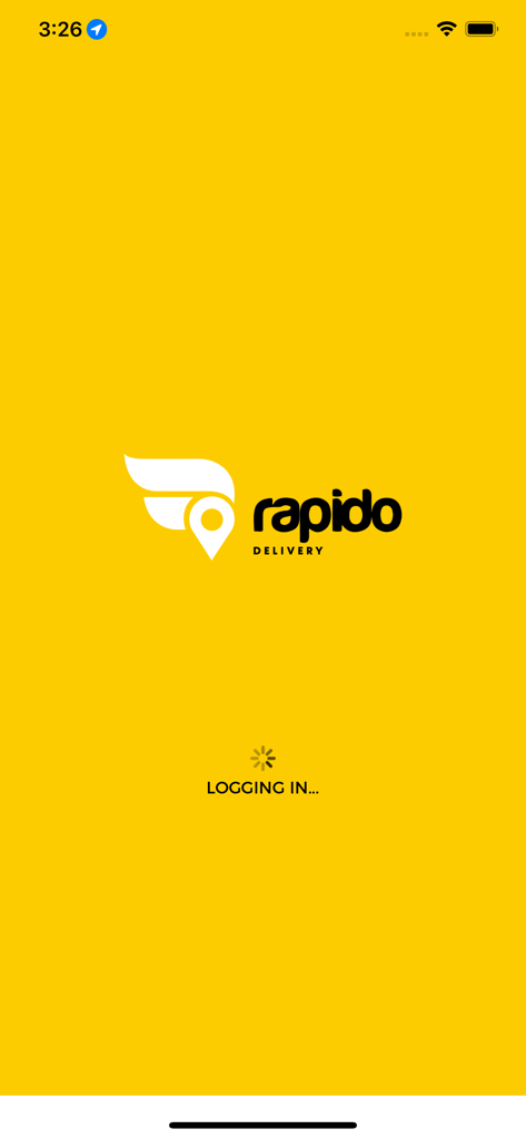 Rapido Rider - Pantalla de presentación de la aplicación de entrega Rapido Rider que muestra el logo y el estado de inicio de sesión en un fondo amarillo.