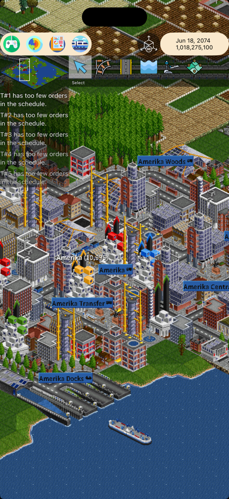 CTMayor - City Simulation - Isometric view of a coastal city with docks and buildings in the CTMayor transport simulation mode.