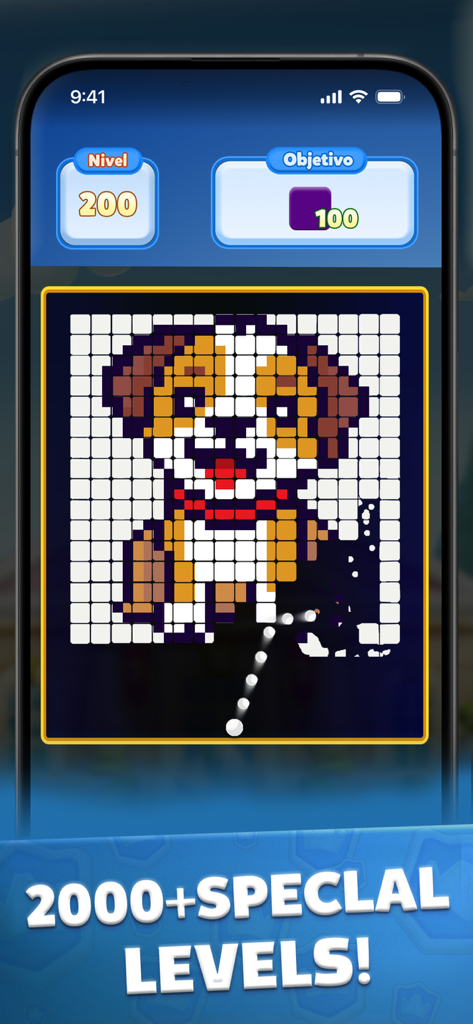 Bricks Royale - Bricks Royale gameplay showing a brick breaker puzzle level with a pixel art dog