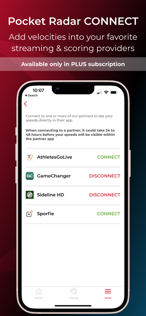 Pocket Radar® Sports - Pocket Radar CONNECT screen showing integrations with sports streaming and scoring partners like GameChanger and Sideline HD
