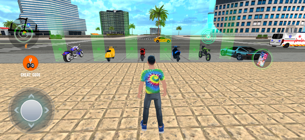 Vista en tercera persona de un personaje en una ciudad urbana seleccionando entre varias motocicletas y coches en un juego sandbox.