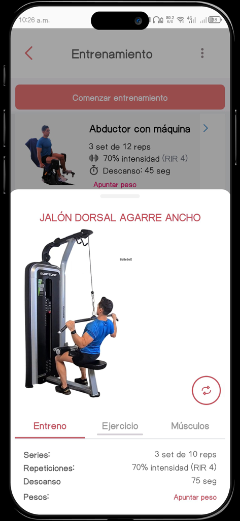 Tela do aplicativo Training Athletic Club exibindo instruções e métricas do exercício de puxada alta em espanhol