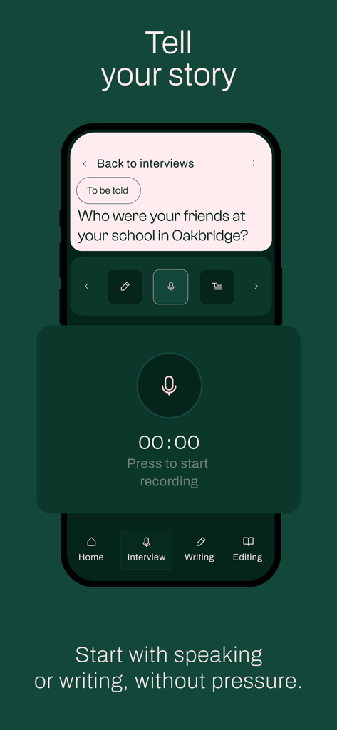 Elefantia - Interface of the Elefantia app showing a voice recording screen for a life story interview question about childhood friends.