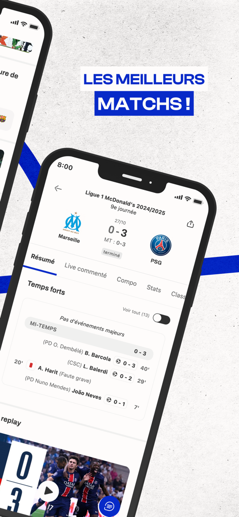 Foot Mercato : Transferts - Interfaz de la aplicación Foot Mercato mostrando el resumen del partido y los momentos destacados de Marsella vs PSG