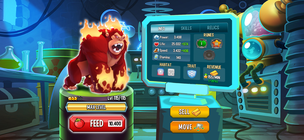 Monster Legends - Battle Game - Pantalla de Monster Legends mostrando estadísticas y runas para un monstruo gorila de fuego