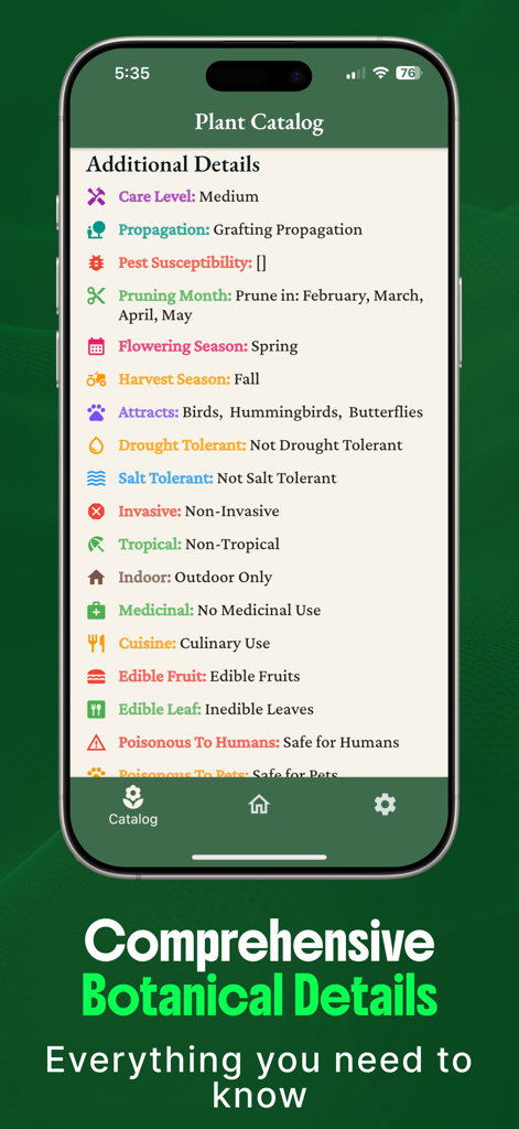 Mobiler Bildschirm mit umfassenden botanischen Details und Pflegetipps für erfolgreiches Gärtnern