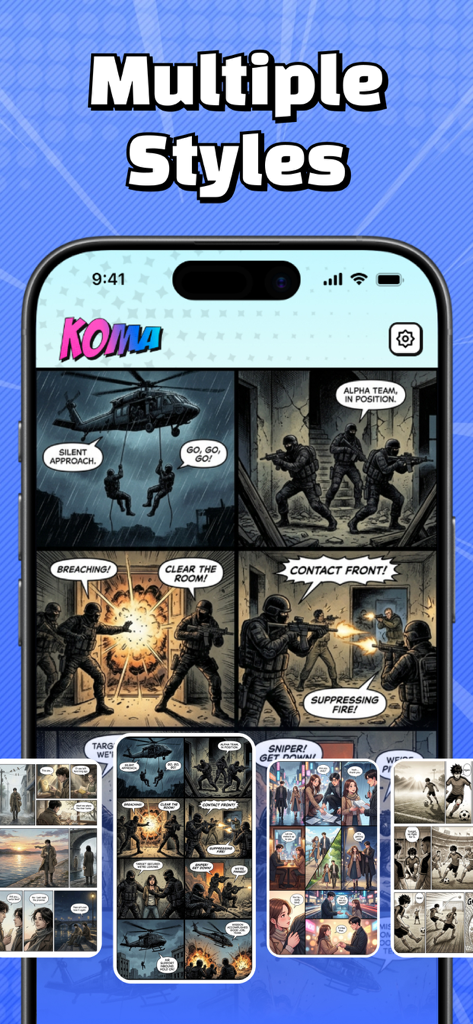 Koma - AI Manga & AI Comics - Koma AI app displaying different manga and comic art styles
