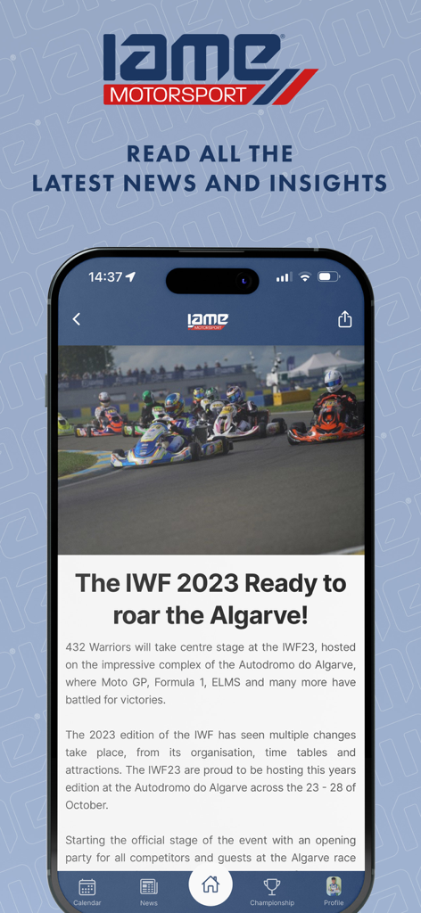 IAME Motorsport - IAME Motorsport app screen showing a news article about a karting event at the Autodromo do Algarve.